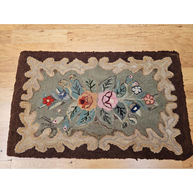 Vintage Hand-Hooked Rug, Banded Floral Pattern, Wool & Cotton, American Folk Art, 2x3 For Sale - Image 4 of 15