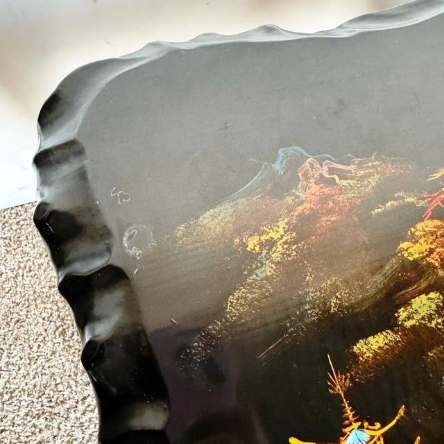 1970s Chinese Black Lacquered and Hand Painted With Mother of Pearl Inlay Side Tables - a Pair For Sale - Image 5 of 12