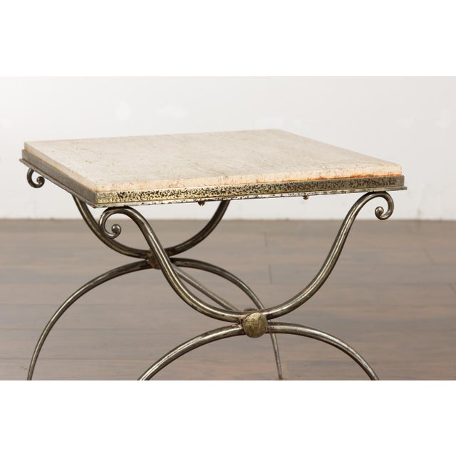 Midcentury French Steel Side Table with Marble Top and Scrolling Supports For Sale - Image 12 of 12