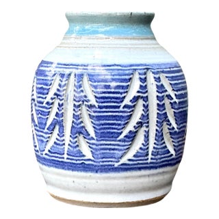 Handcrafted Blue Ceramic Leaf Motif Vase For Sale