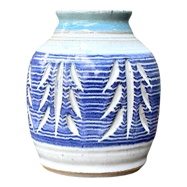 Handcrafted Blue Ceramic Leaf Motif Vase For Sale