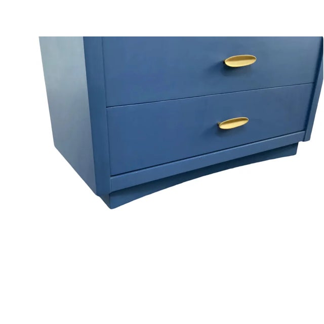 Mid-Century Modern Vintage Bow-Front Navy Blue Bathroom Vanity With Stone Top & Brass Hardware For Sale - Image 3 of 5