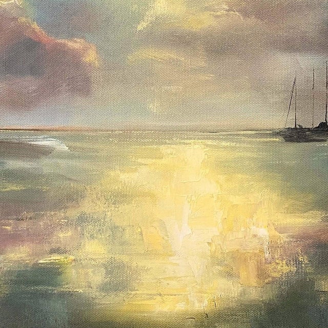 Sundance Upon the Sea by Leigh Ann Van Fossan | Oil on canvas Seascape with boats and clouds For Sale - Image 4 of 5