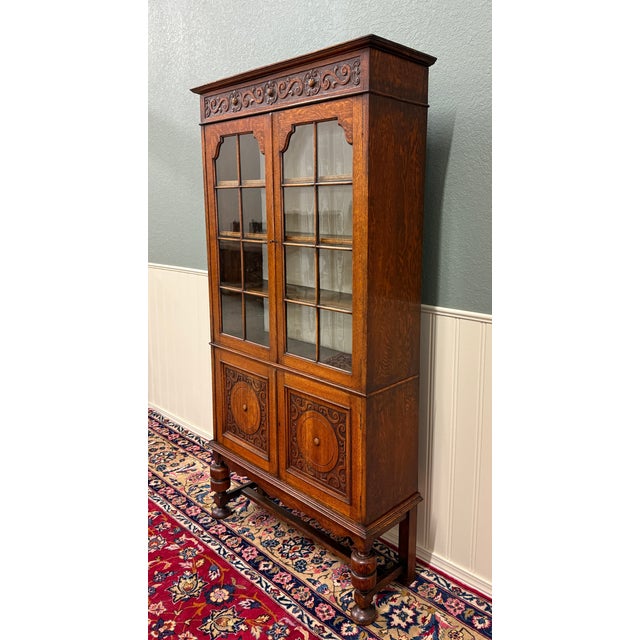 Antique English Bookcase Bookshelf Cabinet Double Door Wavy Glass Oak c.1930s For Sale - Image 10 of 17