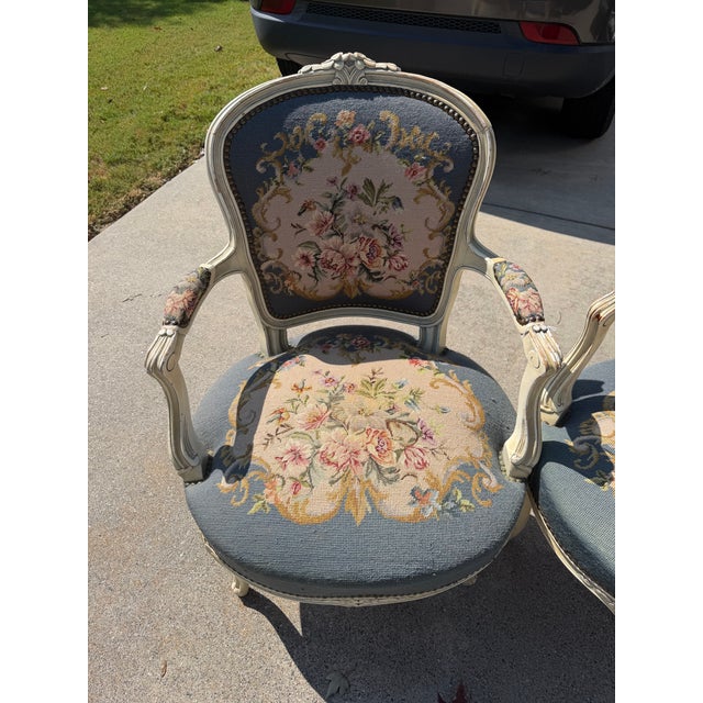 Antique French Louis XV Style Needlepoint Arm Chairs Pastoral Scene Tap Pair For Sale - Image 9 of 10