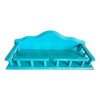 Vintage Teal Wood Wall Shelf-Cottage-Farmhouse Display-Bathroom-Kitchen-Coastal For Sale