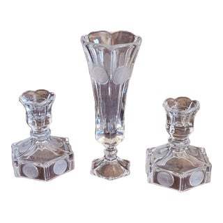 Fostoria Coin Clear Glass 3‑Piece Set – 8" Vase & Candleholders Mid‑Century 50s For Sale