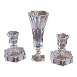 Fostoria Coin Clear Glass 3‑Piece Set – 8" Vase & Candleholders Mid‑Century 50s