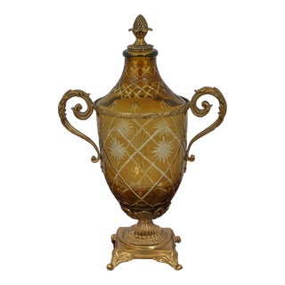 Neoclassical Amber Etched Glass Brass Covered Vase For Sale