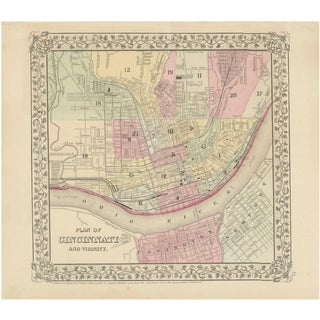 Hand-Colored Plan of Cincinnati Map, USA, 1870s For Sale