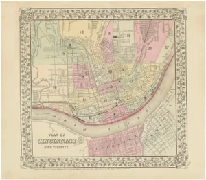 Hand-Colored Plan of Cincinnati Map, USA, 1870s
