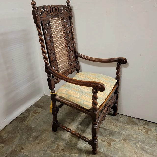 English Carved Walnut Barley Twist Throne Chair With Putti & Cane Back For Sale - Image 4 of 13