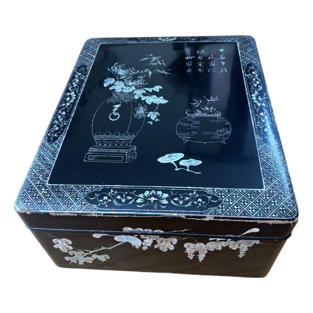 Large Vintage Asian Black Lacquer Box With Mother of Pearl Inlay & Calligraphy For Sale