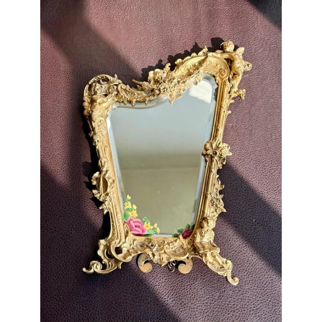Gold Antique Italian Rococo-Style Table Mirror With Gilded Metal Frame, Featuring Putti (Cherubs) Decor and Floral Painting For Sale - Image 8 of 13