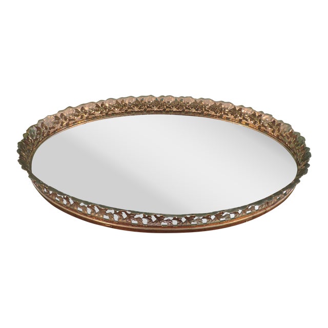 Vintage Brass-Style Metal Filigree Large Oval Mirror Vanity Tray For Sale
