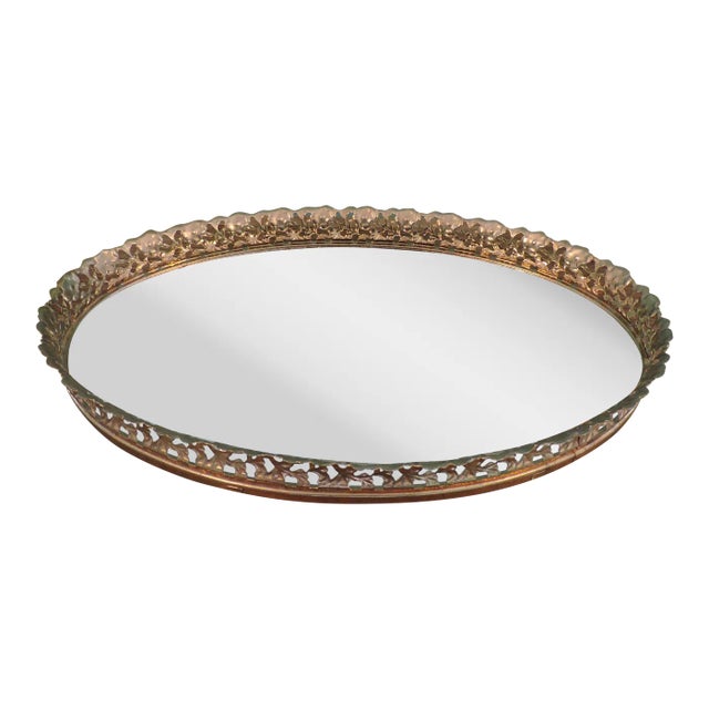 Vintage Metal Filigree Large Oval Mirror Vanity Tray Brass Finish For Sale