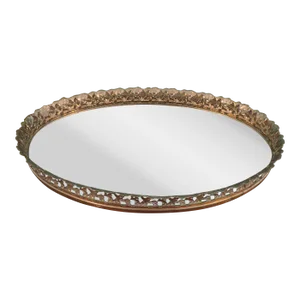 Vintage Metal Filigree Large Oval Mirror Vanity Tray Brass Finish