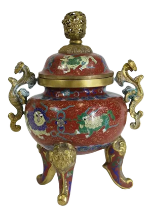 Republic Period Chinese Cloisonne Gilt Tripod Lidded Censer