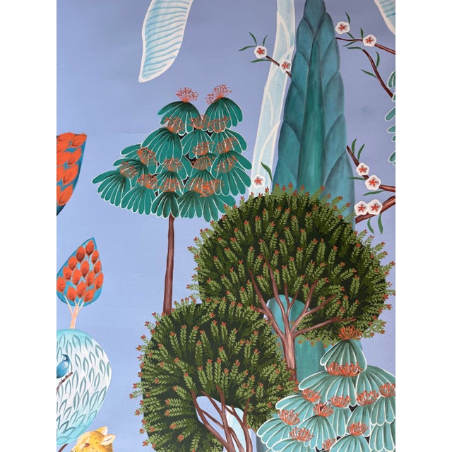 Chinoiserie Blue Chinoiserie Mural | Hand-Painted Xuan Paper Wallpaper With Birds, Tropical Foliage & Leopard | Set of 4 For Sale - Image 3 of 7