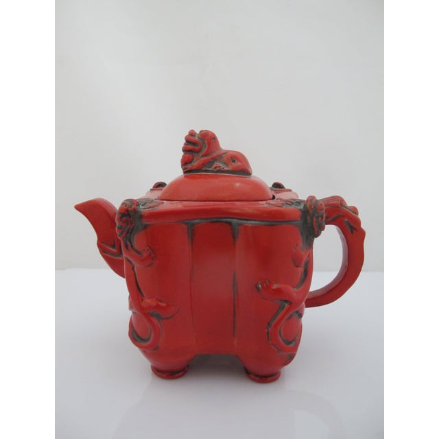Chinese Red Lacquer Climbing Foo Dog Finial Lid Decorative Teapot For Sale - Image 4 of 11