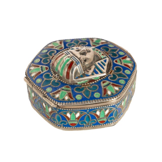 Metal Antique Art Deco King Tut Egyptian Revival Silver Gilt Enamel Cloisonne Box 1925 For Sale - Image 7 of 14