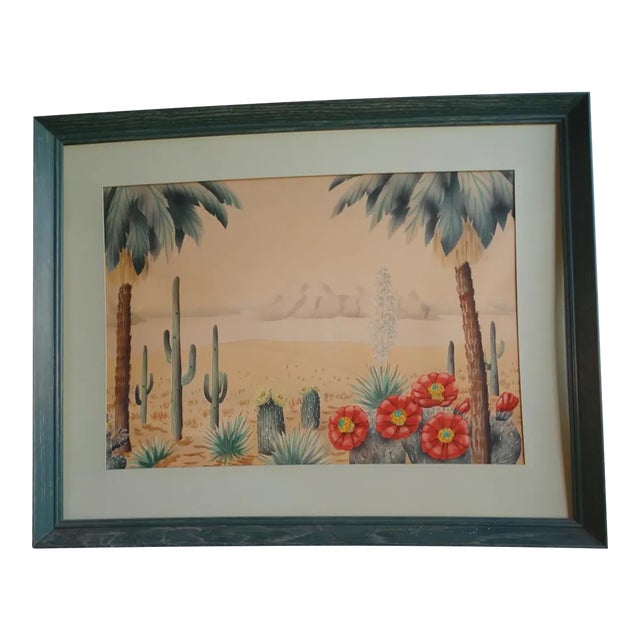 Vintage Shirrell Graves Cacti, Agave and Palms in Desert Landscape Watercolor Painting, Framed For Sale