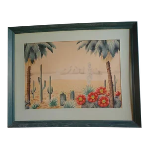 Vintage Shirrell Graves Cacti, Agave and Palms in Desert Landscape Watercolor Painting, Framed
