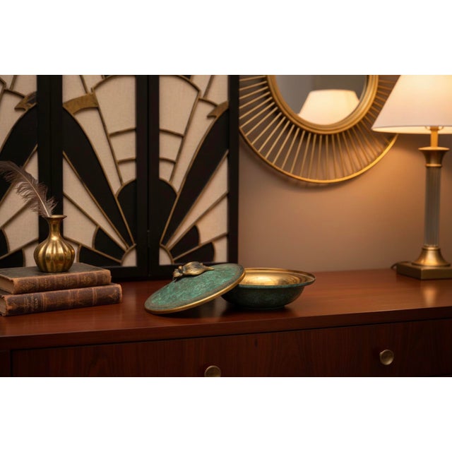 Art Deco Signed Carl Sorensen Verdigris Bronze Lidded Bowl With Leaf Finial For Sale - Image 10 of 10