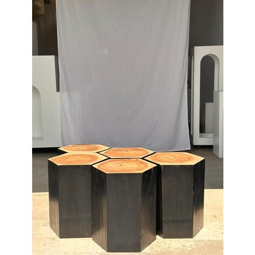 Hexagonal Stools in Two-Tone Suar, Set of 5 For Sale - Image 13 of 18