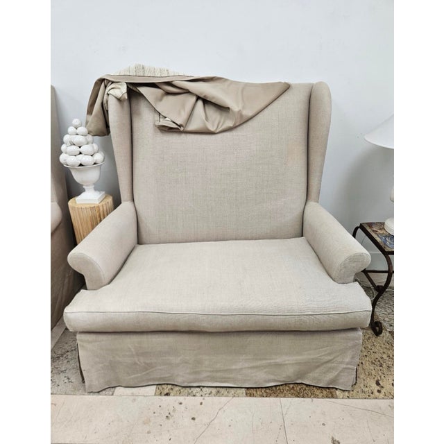 Pair of Gregorius Pineo High Back Loveseats in Oatmeal Linen For Sale - Image 9 of 11