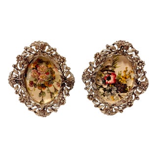 Mid 20th Century Petite Oval Silver Plate Filigree Picture Frames, a Pair For Sale