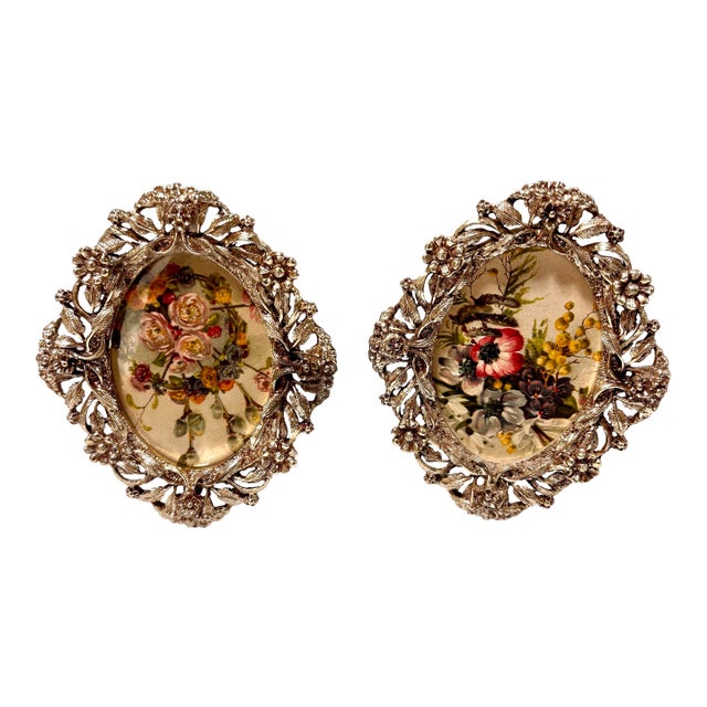 Mid 20th Century Petite Oval Silver Plate Filigree Picture Frames, a Pair For Sale
