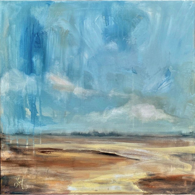 Yonder by Leigh Ann Van Fossan | Acrylic on Canvas Abstract landscape with blue sky and earthy tones. For Sale