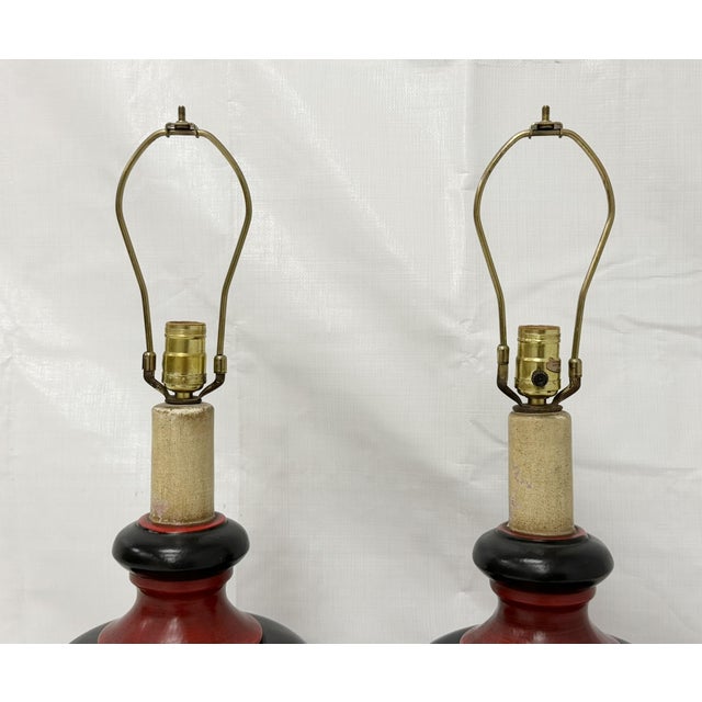 1960s Red Black & Gilt Ceramic Table Lamps, American Modern - a Pair For Sale - Image 11 of 18