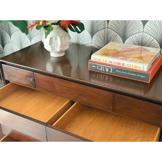 Wood Vintage 1960s Mid-Century Modern Walnut Wood and Woven Rattan Highboy Chest Cabinet by R-Way For Sale - Image 7 of 16