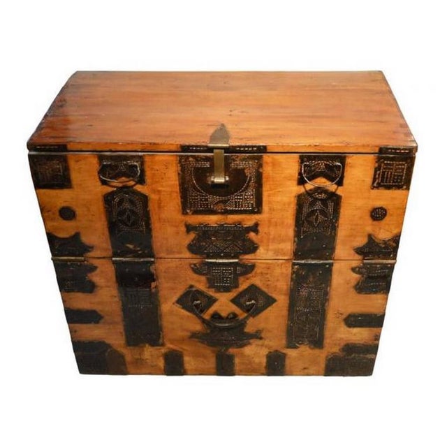 Antique Korean Blanket Chest With Carved Ornate Hardware, 19th Century