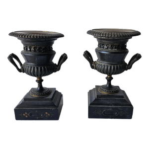 Pair of 20th Century Black Painted Bronze and Slate Urn Form Mantlepieces