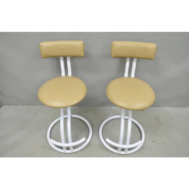 Late 20th Century Vintage Postmodern Memphis Style White Tubular Metal Swivel Bar Stools - A Pair For Sale - Image 5 of 17