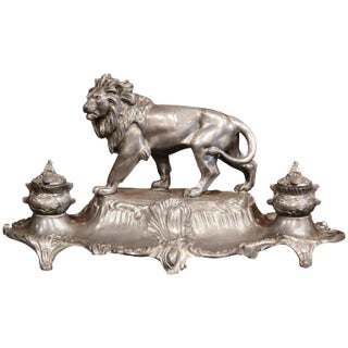 19th Century French Pewter Lion Inkwell Signed A. Bossu For Sale