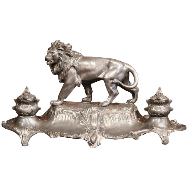 19th Century French Pewter Lion Inkwell Signed A. Bossu For Sale