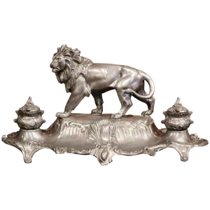 19th Century French Pewter Lion Inkwell Signed A. Bossu