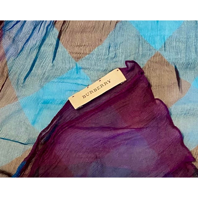 Textile Burberry Crinkle Silk Chiffon Scarf, Made in England, Turquoise & Purple, Lightweight Luxury For Sale - Image 7 of 9