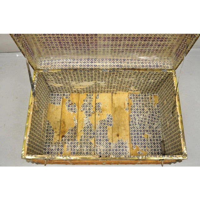 Wood Antique Victorian Brass Clad Wooden Band Train Trunk Storage Treasure Chest For Sale - Image 7 of 11