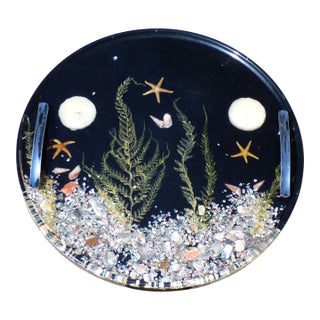Vintage Mid Century Large Black Lucite Shell Tidal Serving Tray Chrome Handles For Sale