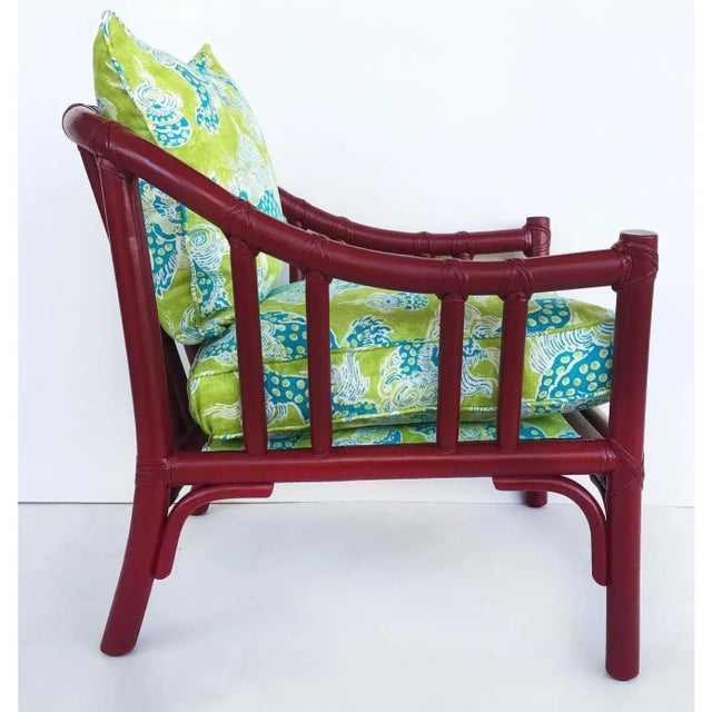 McGuire San Francisco Rattan Club Chairs, Brunschwig & Fils Fabric Offered for sale is a pair of McGuire of San Francisco,...