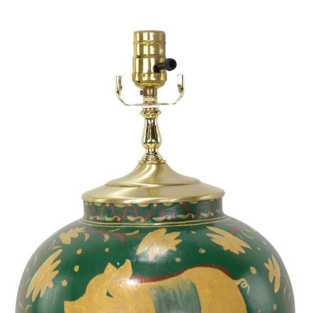 Vintage Brunschwig & Fils Hand-Painted Green Ceramic Pig Table Lamps - Pair For Sale In New York - Image 6 of 11