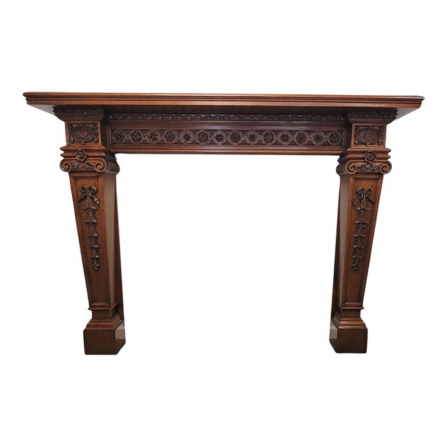 English-Style Hand-Carved Limewood Fireplace Mantel, Crafted in Italy For Sale