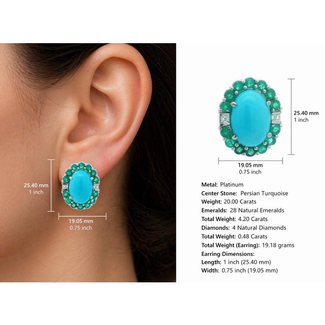 1960s Italian Platinum Earrings With Persian Turquoise, Emeralds & Diamonds, A Pair For Sale - Image 15 of 15