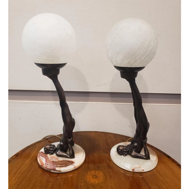 Art Deco Style Table Lamps Reversed Nude With Globe, Pair For Sale - Image 11 of 11