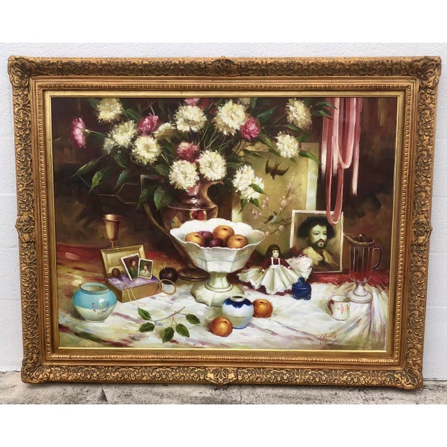 P. Mozah 20th Century Oil Painting, Still Life, Spring Flowers, Ornate Gold Frame For Sale - Image 15 of 15